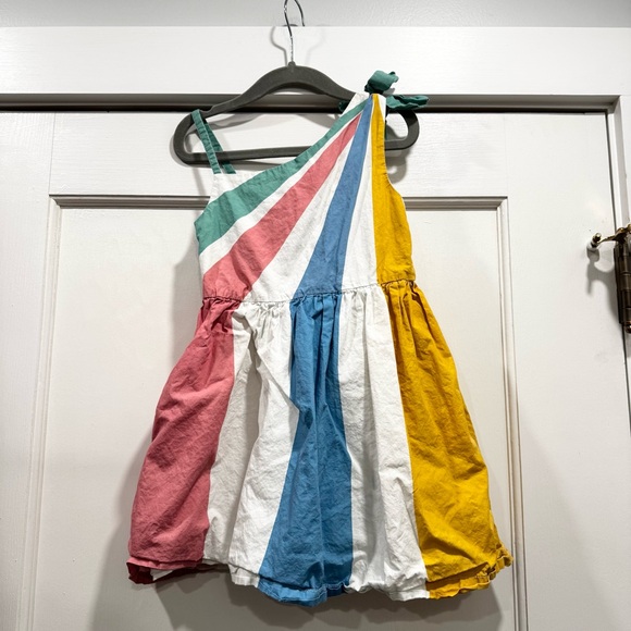 Mini Boden One Shoulder Tie Dress Spicy Mustard Rainbow Size 4-5 Girl Summer - Picture 10 of 11